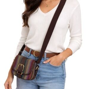 Fossil Striped Canvas Leather Crossbody Bag | Boho Vintage Saddle Mini Purse